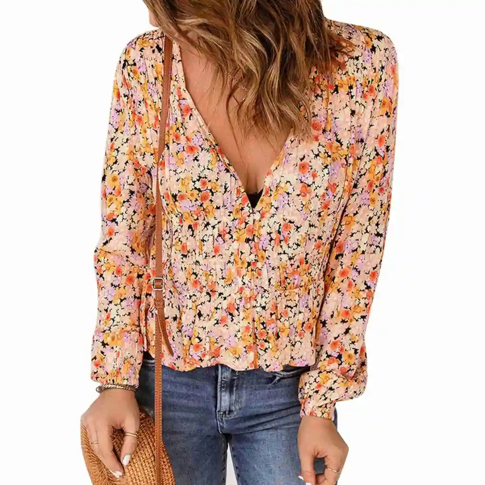 Women Blouse Long Sleeve V Neck Floral Ruffle Hem Casual Top for Spring Autunm Girls Lady Orange Red M