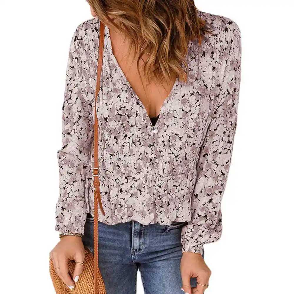 Women Blouse Long Sleeve V Neck Floral Ruffle Hem Casual Top for Spring Autunm Girls Lady Grey L