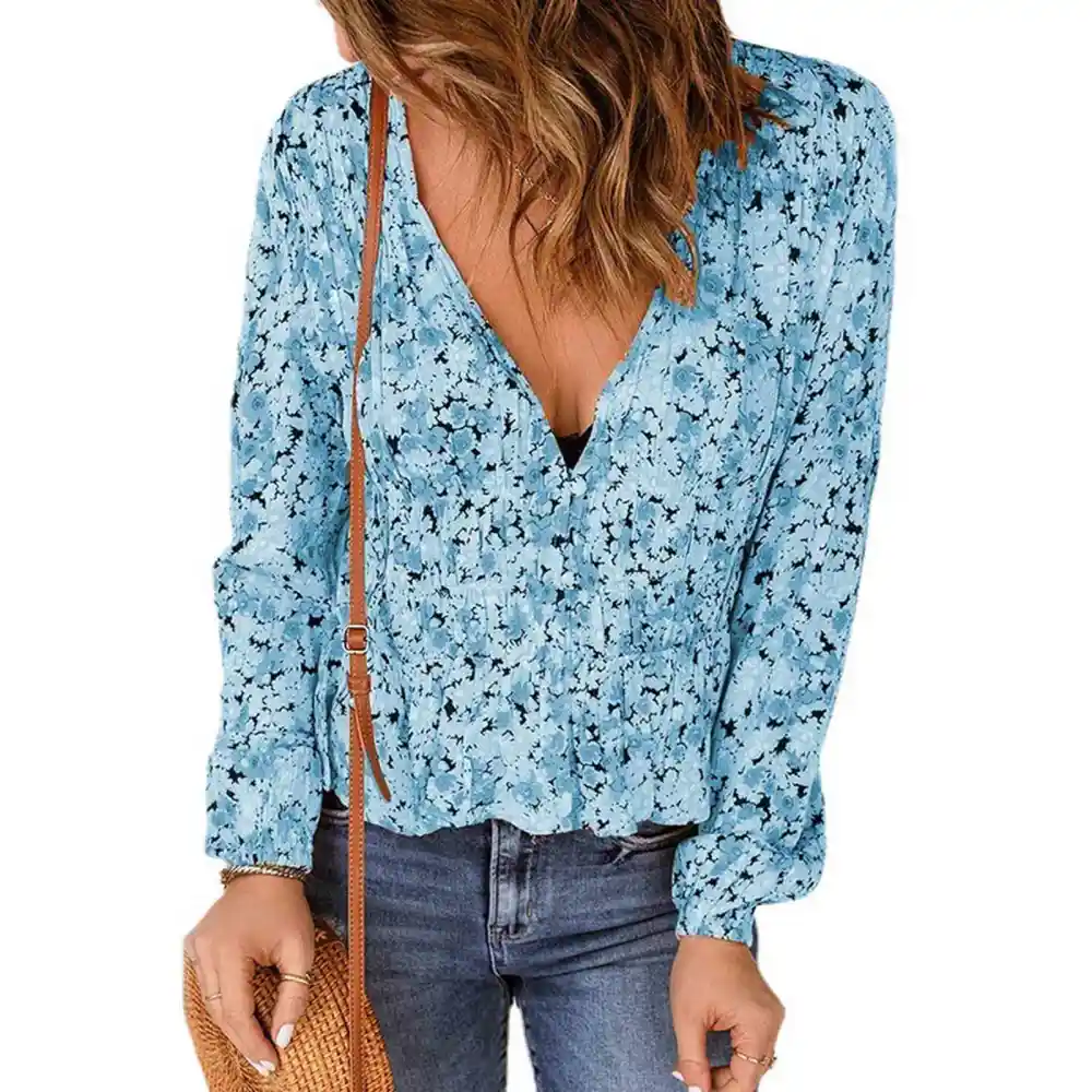 Women Blouse Long Sleeve V Neck Floral Ruffle Hem Casual Top for Spring Autunm Girls Lady Sky Blue XXL