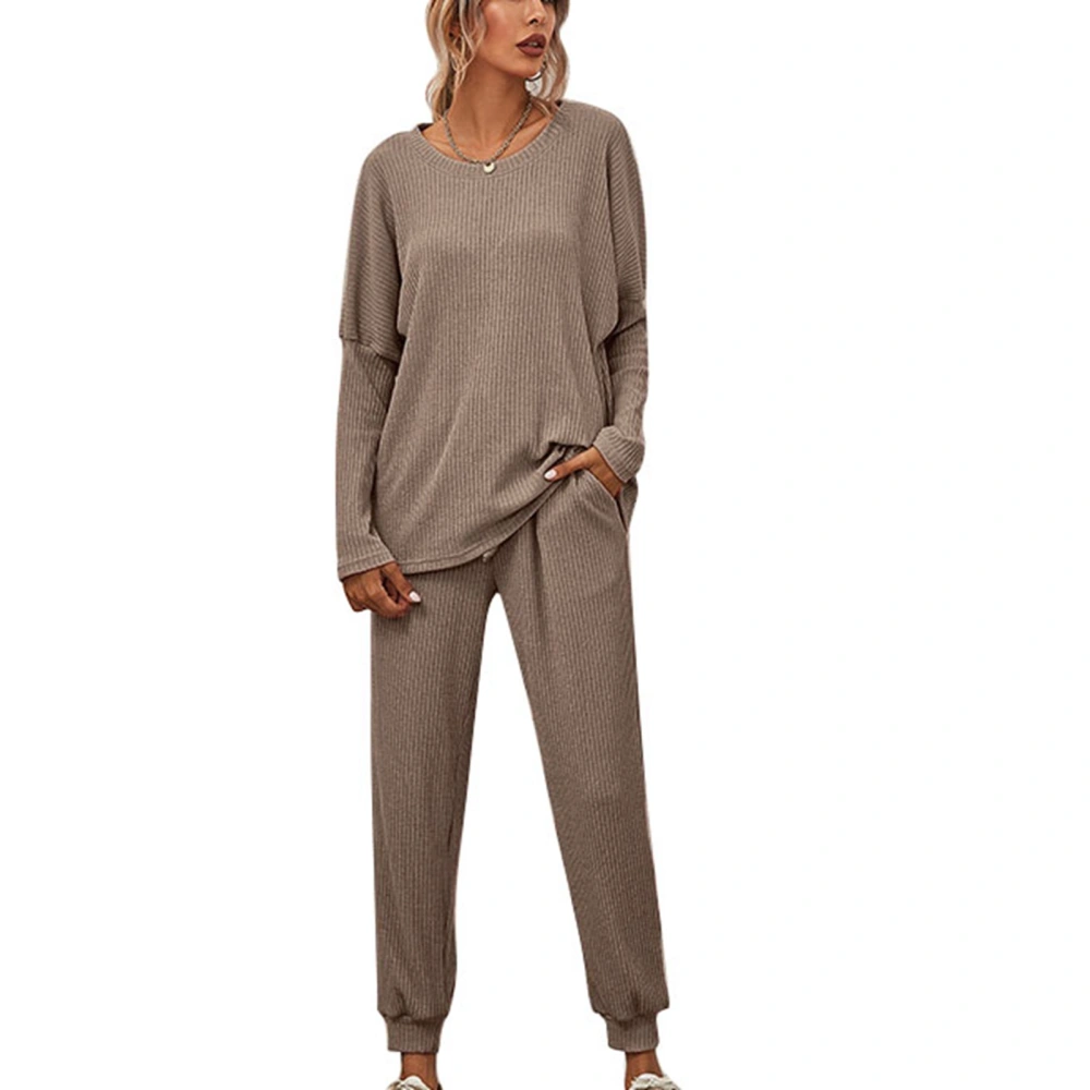 Long Sleeve Top and Pants Loungewear Sleepwear Women Loose Casual Pure Color Pajamas Nightwear for Home Brown XL