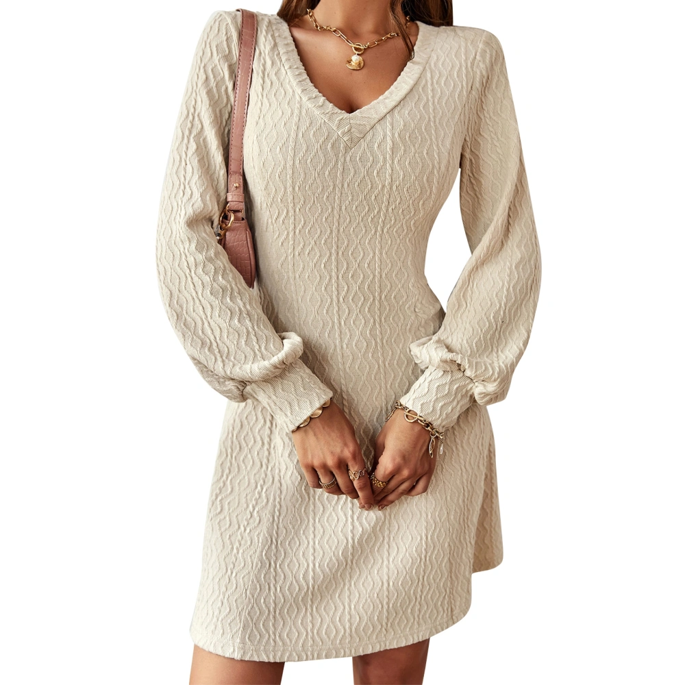 V Neck Knit Long Sleeve Dress Fashionable Elegant Classic Waist Slim Fit Women Sweater Dress for Autumn Winter Apricot M