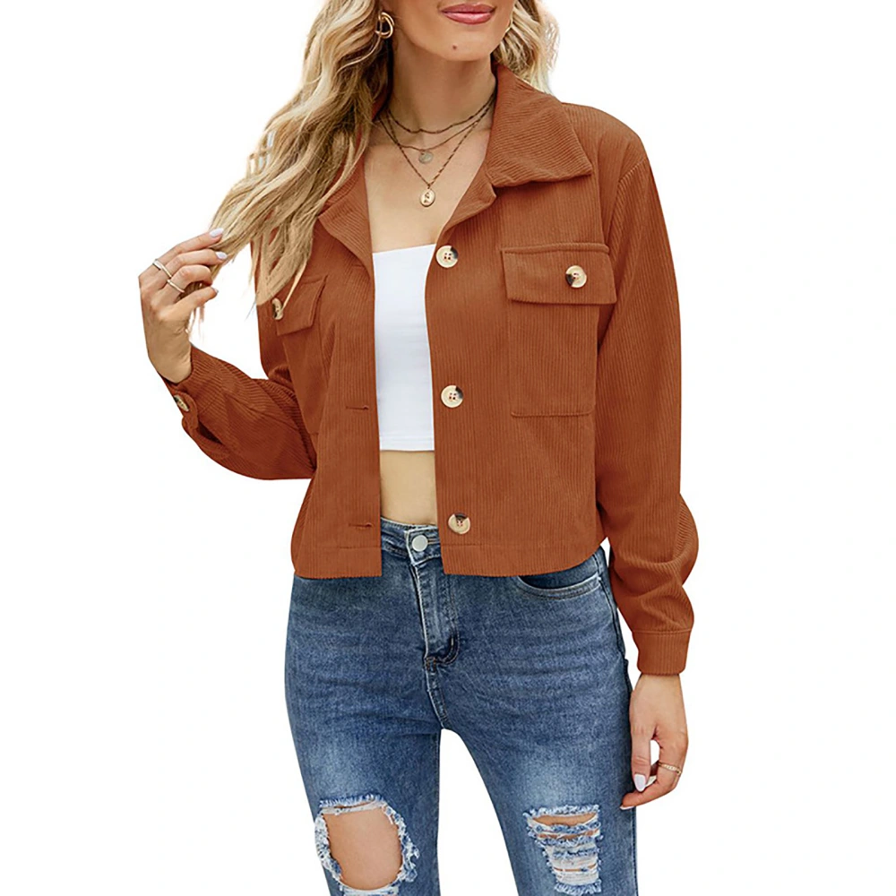 Jacket Long Sleeve Lapel Pure Color Button Pocket Casual Comfortable Short Tops for Women Caramel Colour L