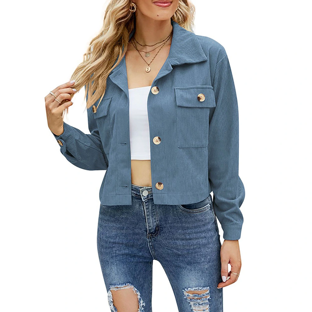 Jacket Long Sleeve Lapel Pure Color Button Pocket Casual Comfortable Short Tops for Women Blue XL