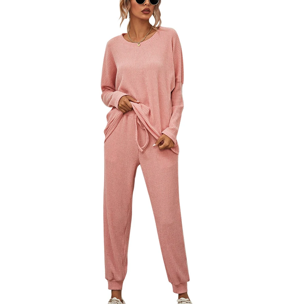 Long Sleeve Top and Pants Loungewear Sleepwear Women Loose Casual Pure Color Pajamas Nightwear for Home Pink L