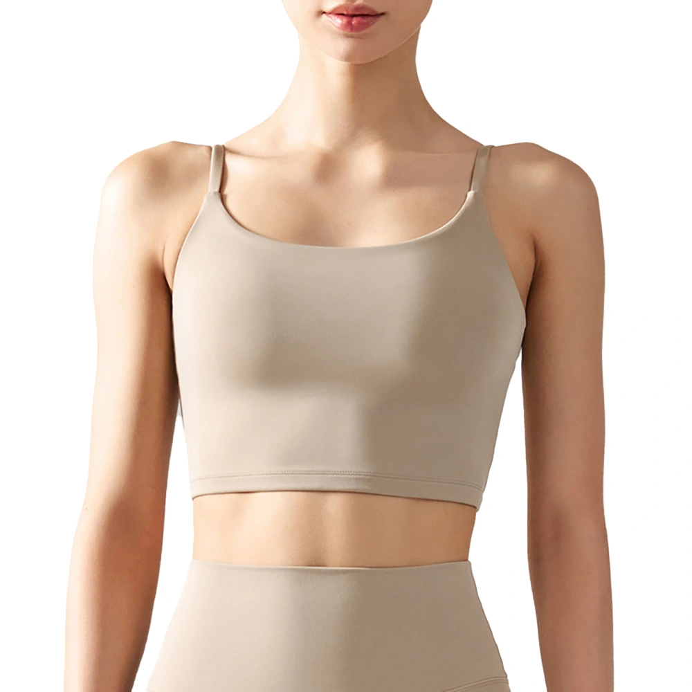 Slim Strap Yoga Bra Pure Color U Back Crop Camisole Top for Sports with Removable Chest Pad Khaki L