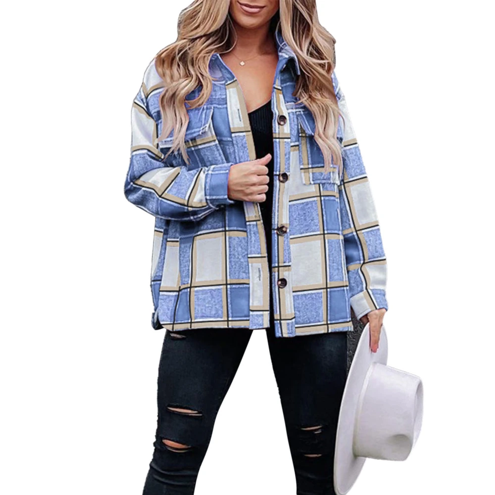 Women Plaid Shirt Coat Button Down Stand Collar Long Sleeve with Pocket for Winter Autumn Sky Blue S