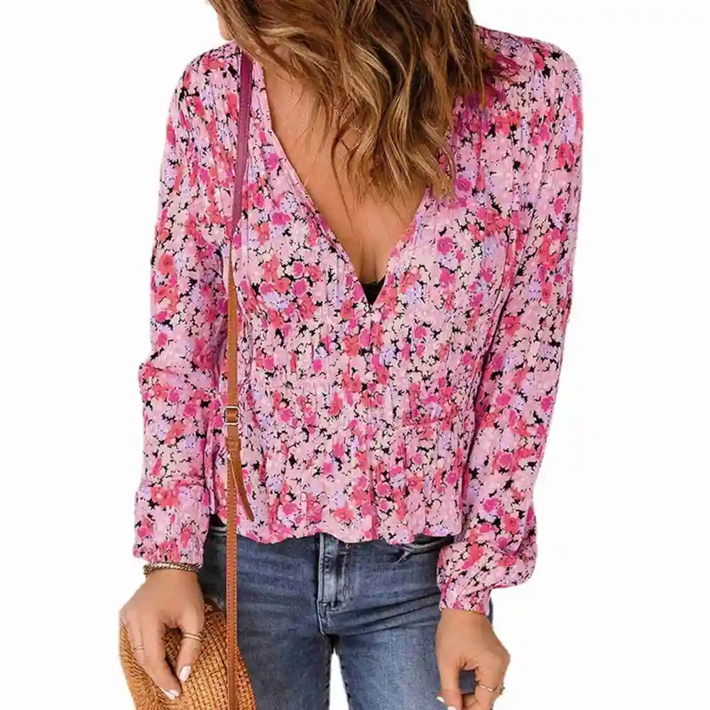 Women Blouse Long Sleeve V Neck Floral Ruffle Hem Casual Top for Spring Autunm Girls Lady Rose Red XXL