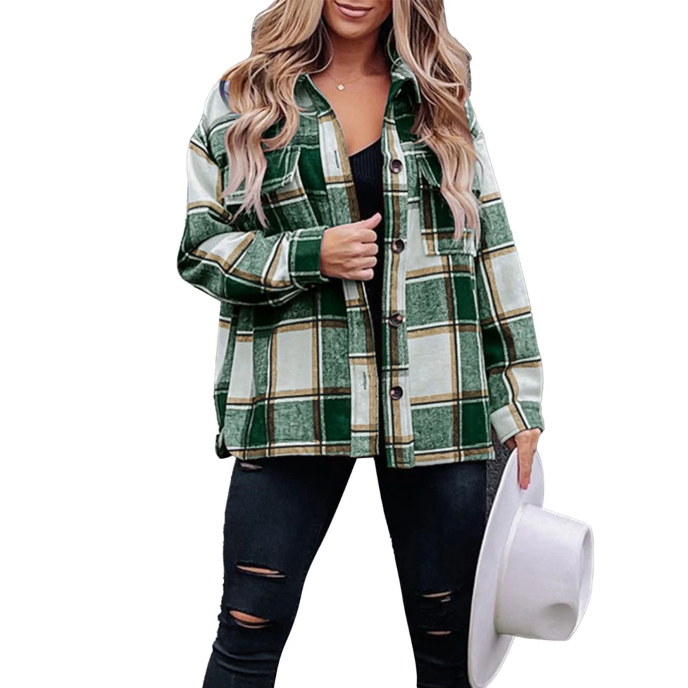 Women Plaid Shirt Coat Button Down Stand Collar Long Sleeve with Pocket for Winter Autumn Green M