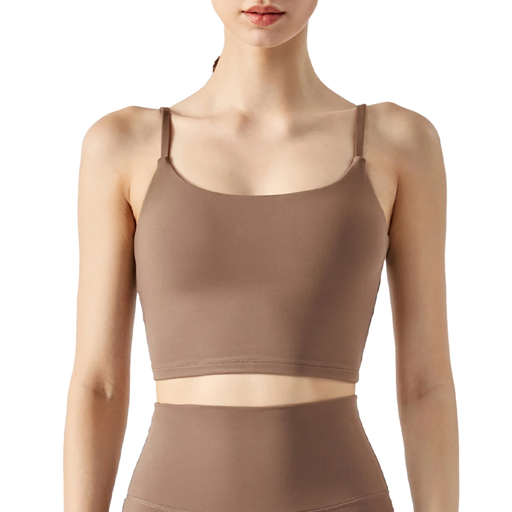 Slim Strap Yoga Bra Pure Color U Back Crop Camisole Top for Sports with Removable Chest Pad Brown L