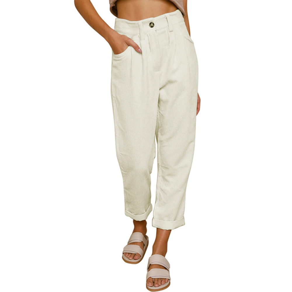 Woman Corduroy Pants High Waisted Straight Leg Loose Vintage Casual Trousers With Side Pockets Beige M