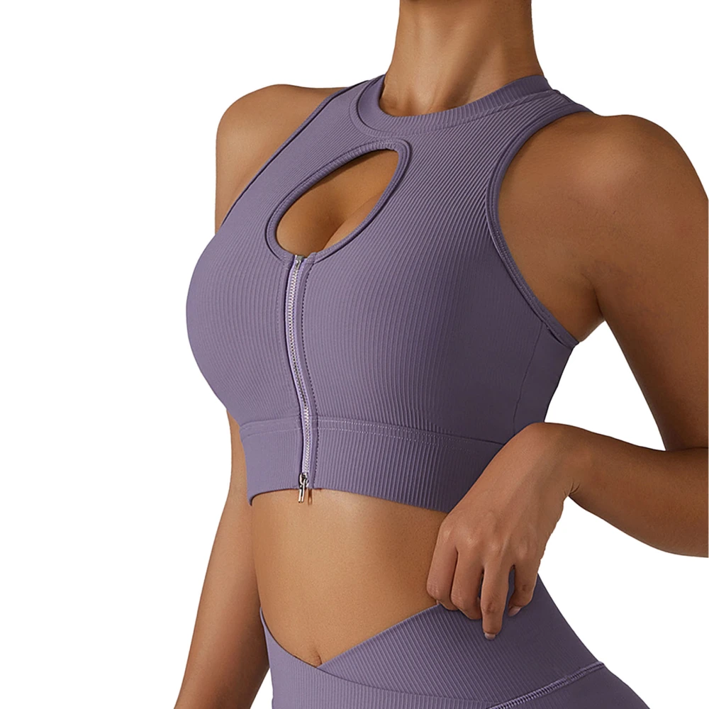 Crop Tank Top Sports Bra Cutout Design High Impact Sports Bra Zipper Front for Workout Fitness Running Gym Light Purple L