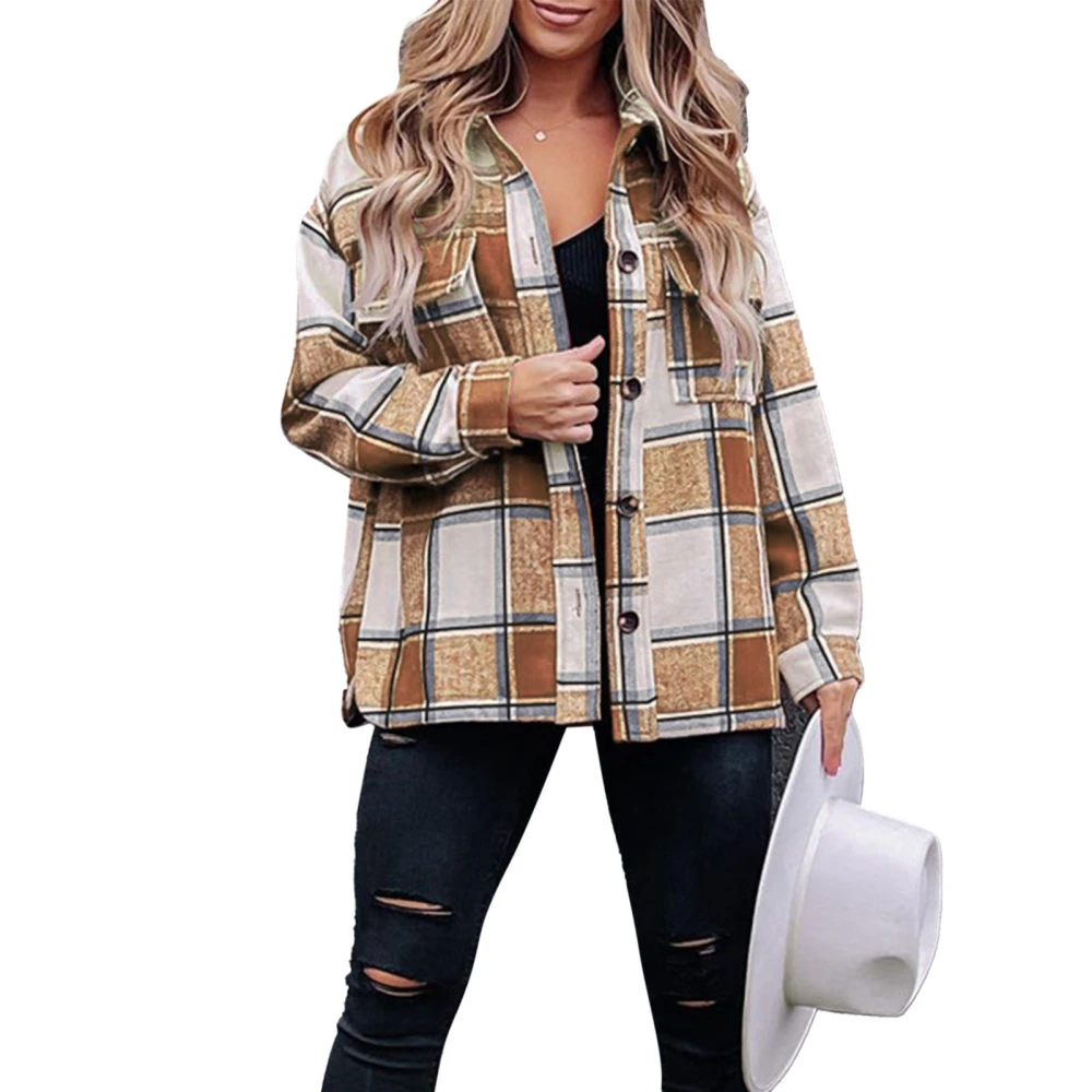 Women Plaid Shirt Coat Button Down Stand Collar Long Sleeve with Pocket for Winter Autumn Khaki S