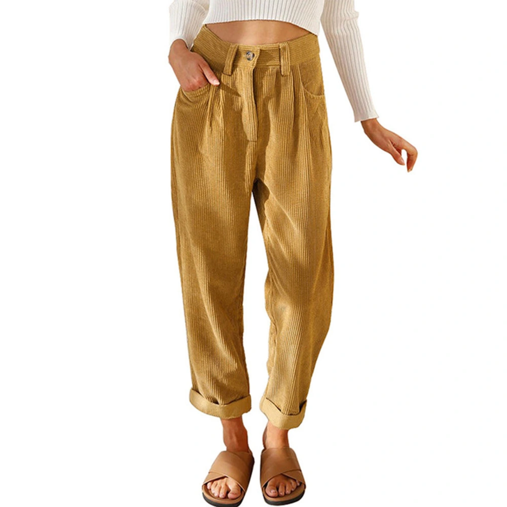 Woman Corduroy Pants High Waisted Straight Leg Loose Vintage Casual Trousers With Side Pockets Khaki M