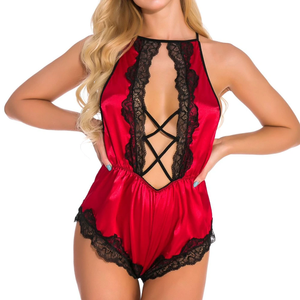 Lace Splicing Bodysuit Smooth Hollow Out Backless Sleeveless Breathable One Piece Pajamas for Women Lady Red XXL