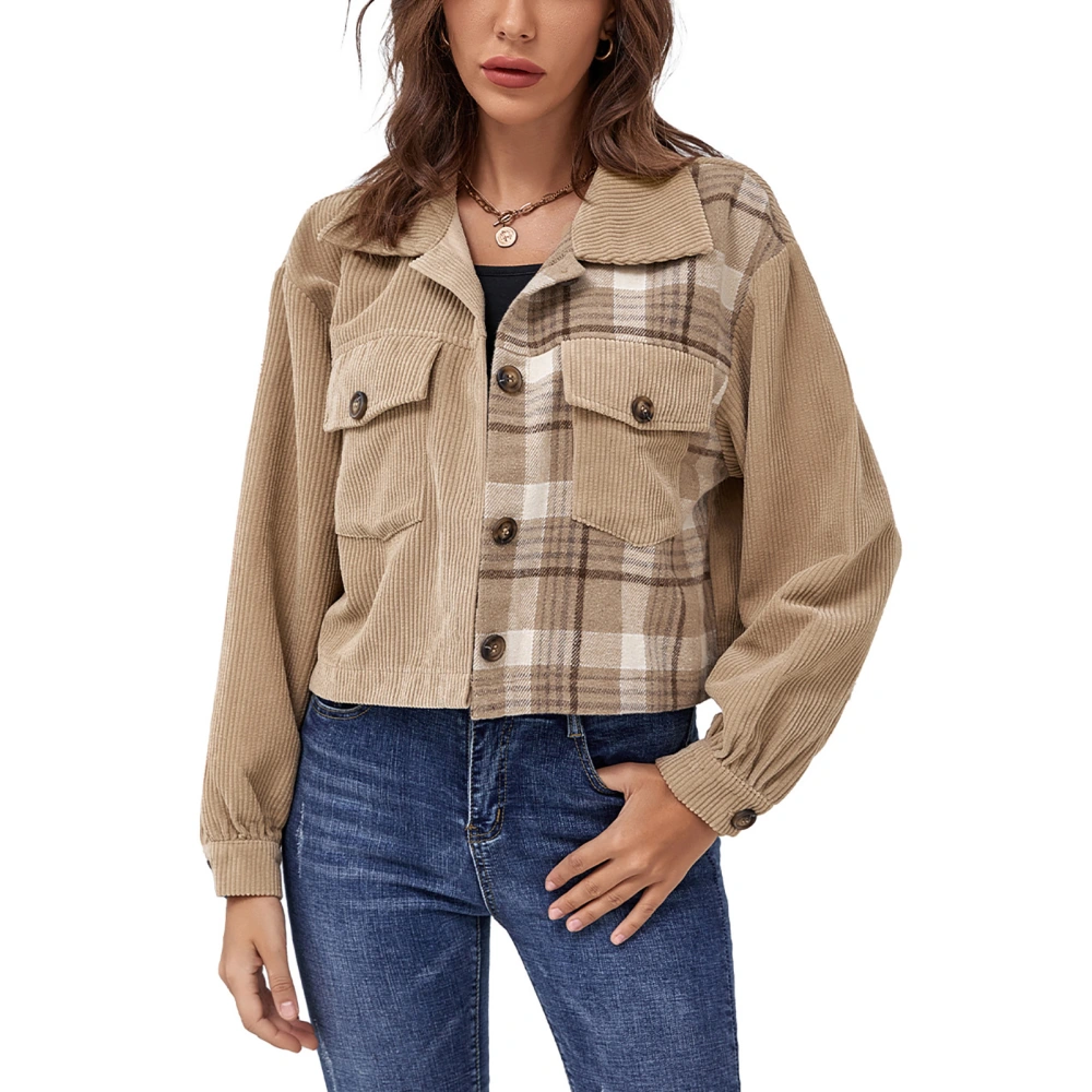 Jacket Long Sleeve Lapel Button Pocket Plaid Pattern Casual Fashionable Outerwear Tops for Women Khaki XL