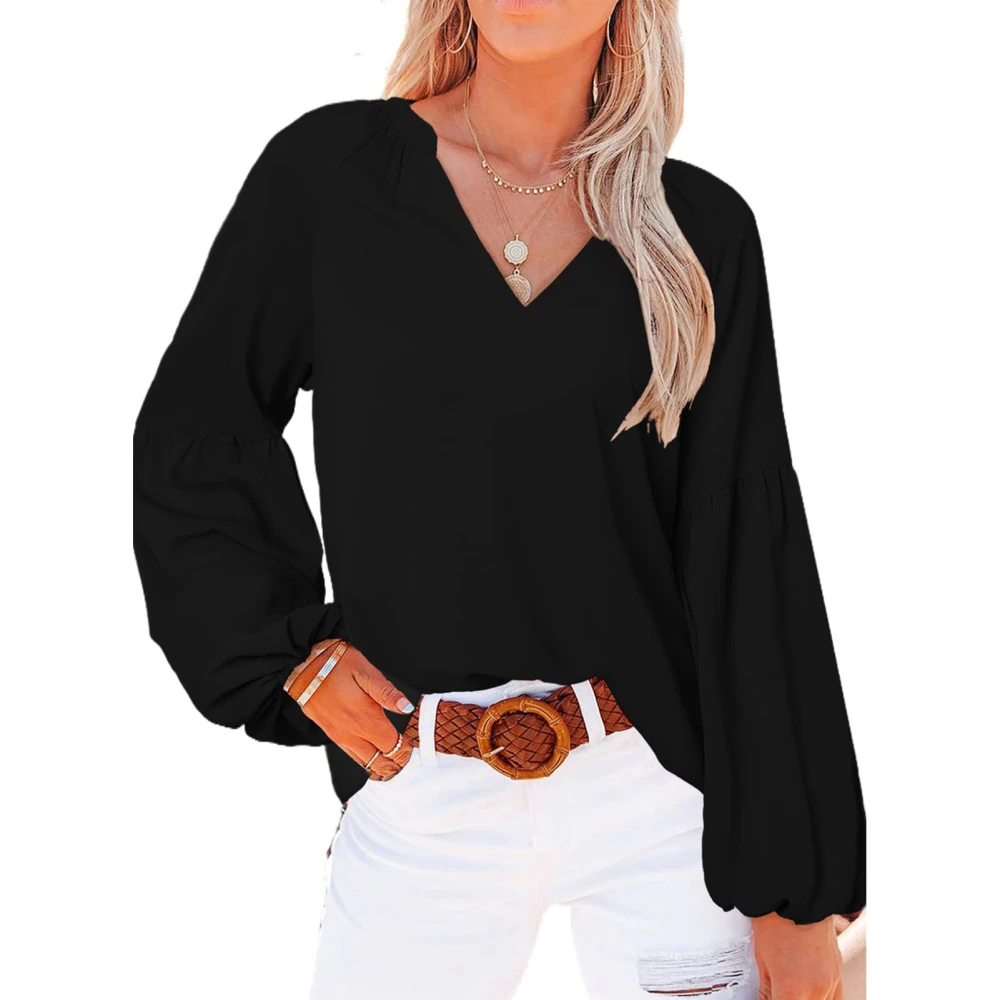 Woman V Neck Blouses Lantern Sleeve Flowy Loose Top Shirts for Office Work Dating Black L