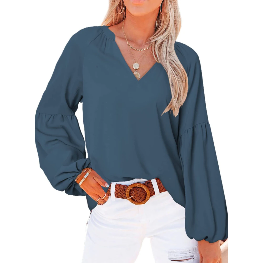 Woman V Neck Blouses Lantern Sleeve Flowy Loose Top Shirts for Office Work Dating Blue XL