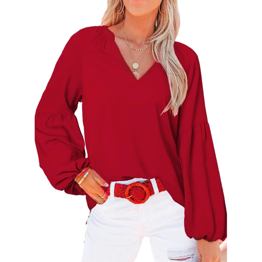 Woman V Neck Blouses Lantern Sleeve Flowy Loose Top Shirts for Office Work Dating Red M