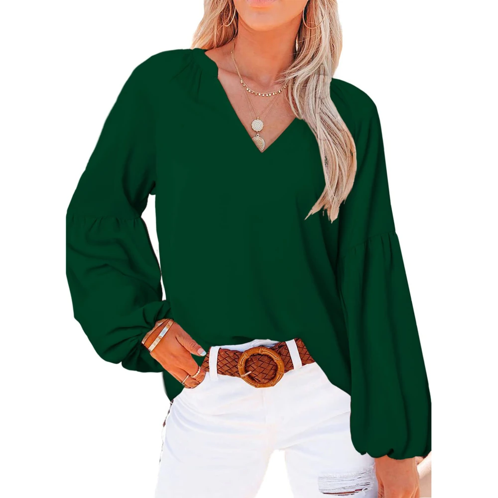 Woman V Neck Blouses Lantern Sleeve Flowy Loose Top Shirts for Office Work Dating Green L