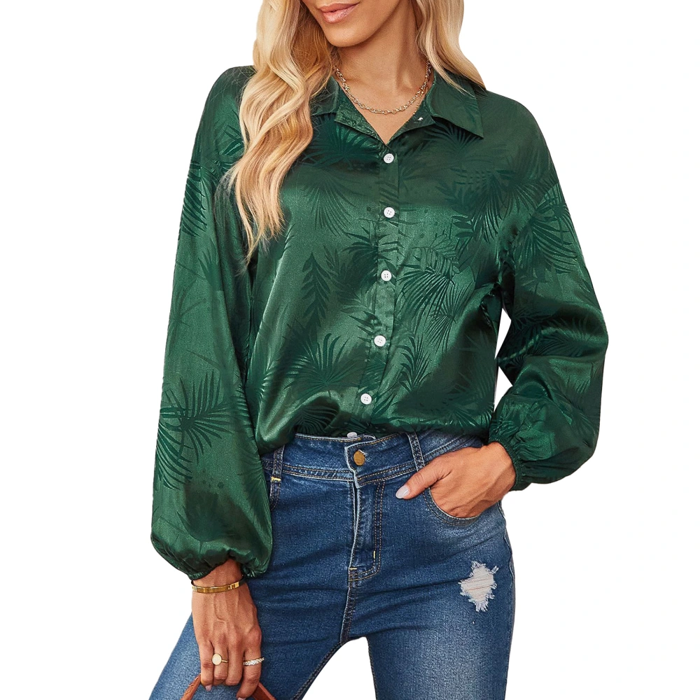 Women Long Sleeve Button Down Collar Silky Shirt Casual Loose Office Work Tunic Tops Blouses Dark Green M