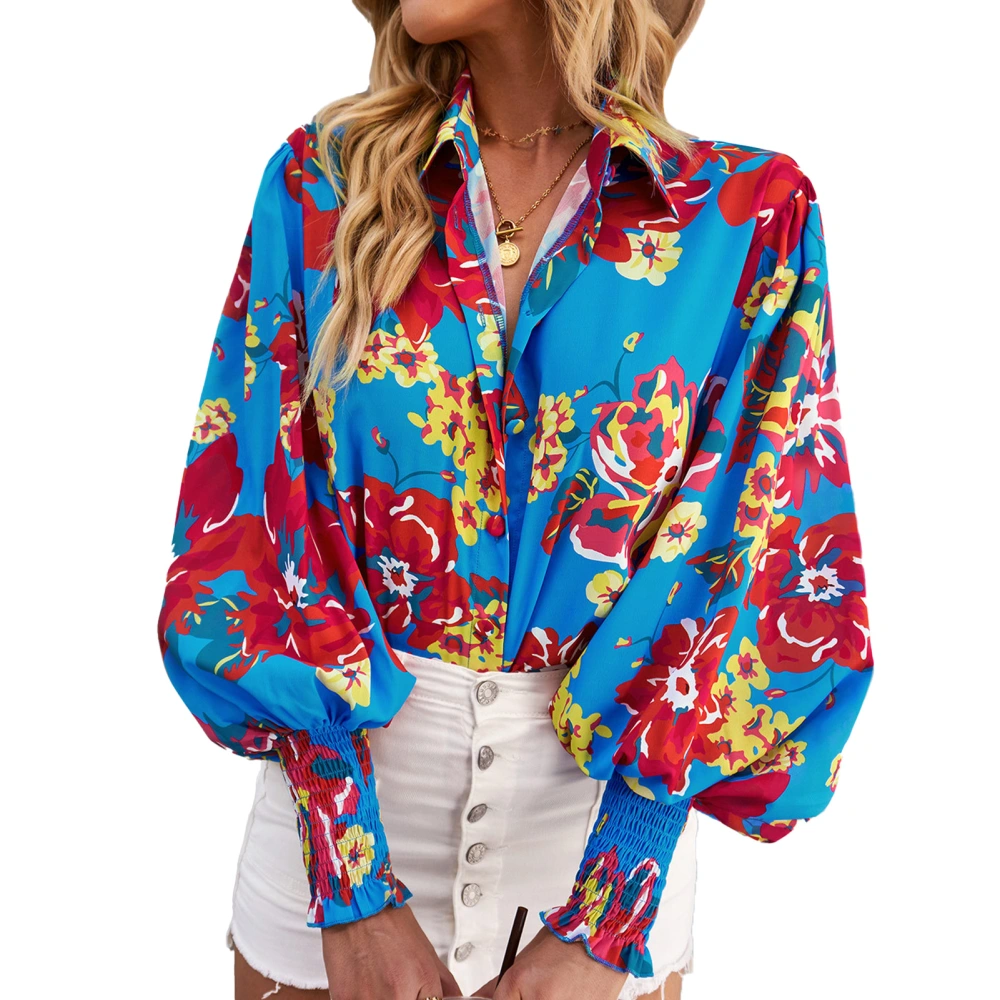 Woman Print Long Lantern Sleeve Shirt Polyester Regular Fit Collared Button Down Casual Shirt Orange M