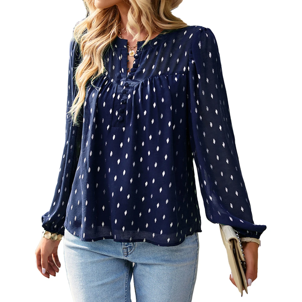 Blouse Long Lantern Sleeve Button Round Neck Pullover Casual Fashionable Tops for Women Dark Blue L