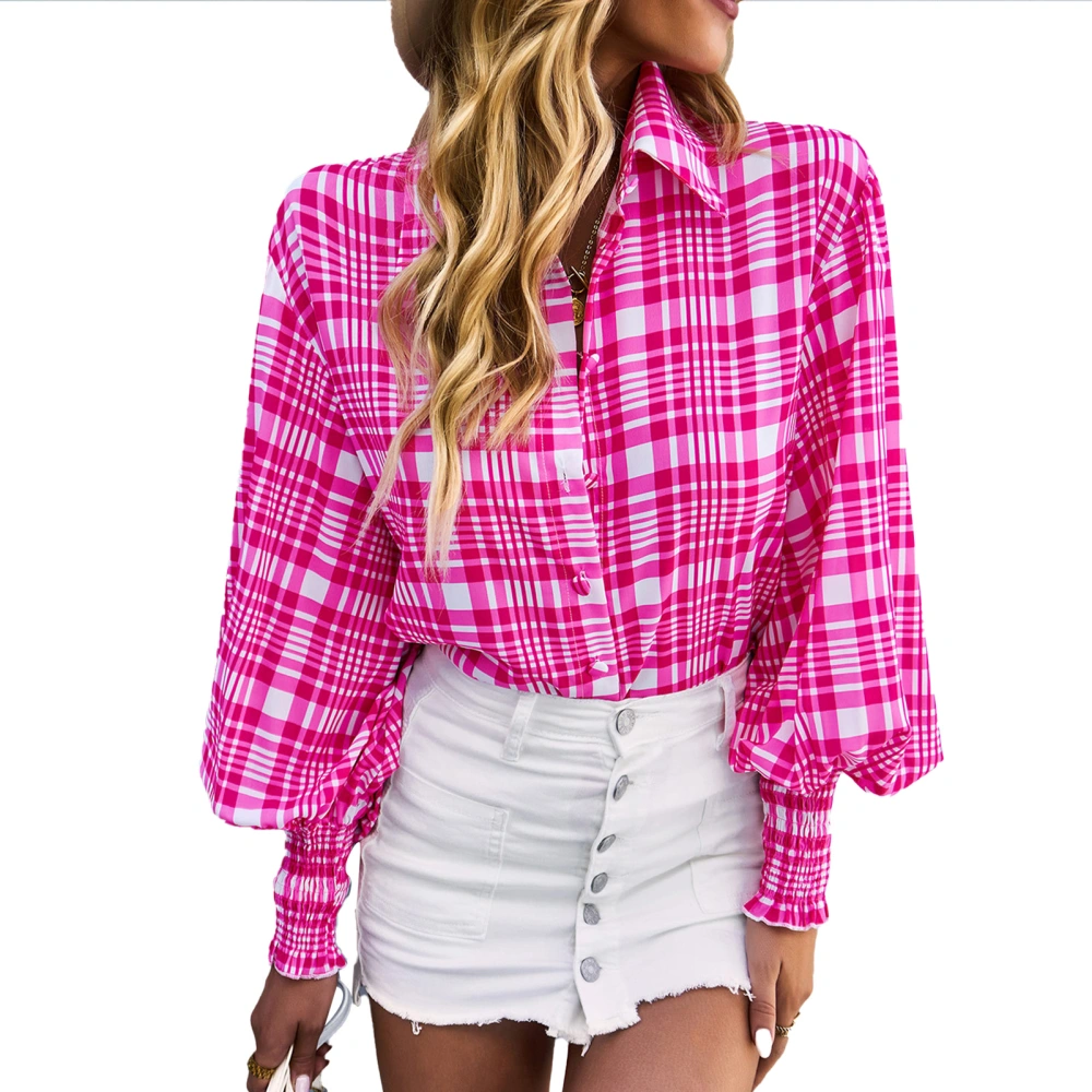 Woman Print Long Lantern Sleeve Shirt Polyester Regular Fit Collared Button Down Casual Shirt Pink XL