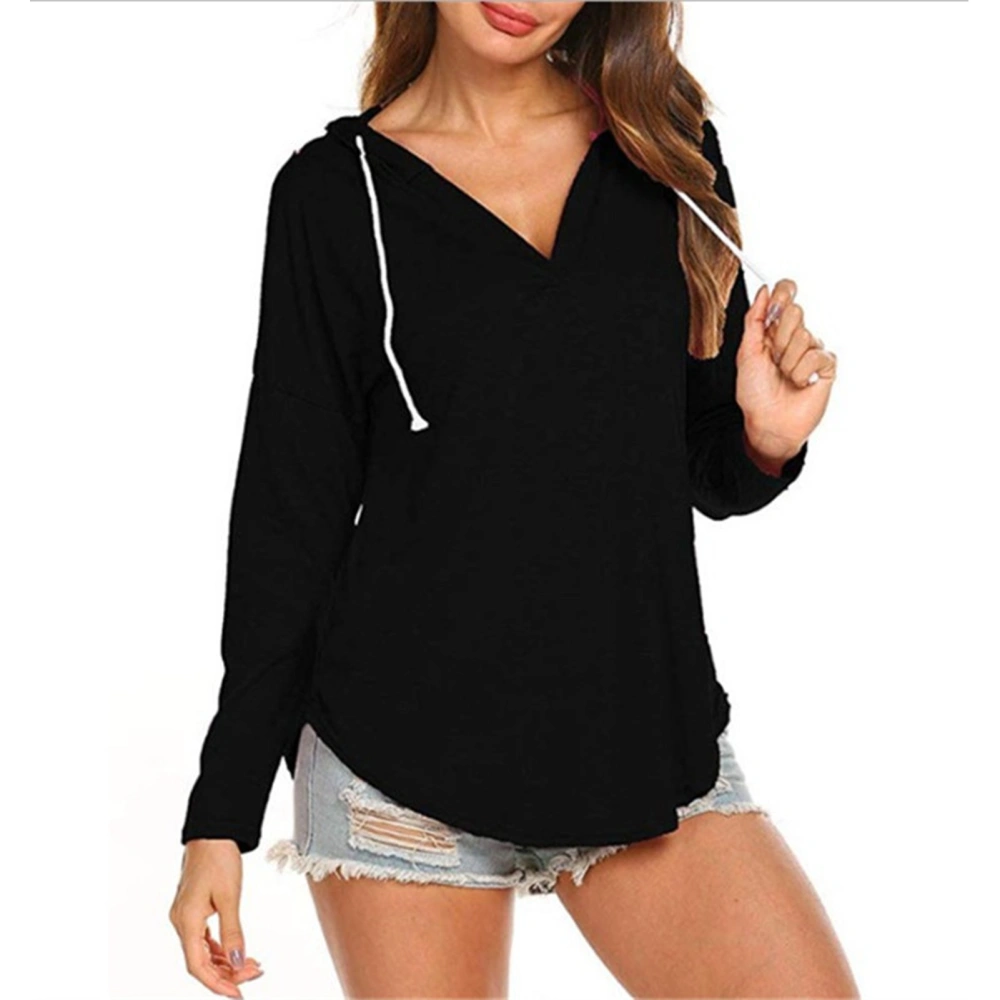 Drop Shoulder Blouse Polyester Fashion Women Pure Color V Neck Casual Fit Pullover Tops Black S