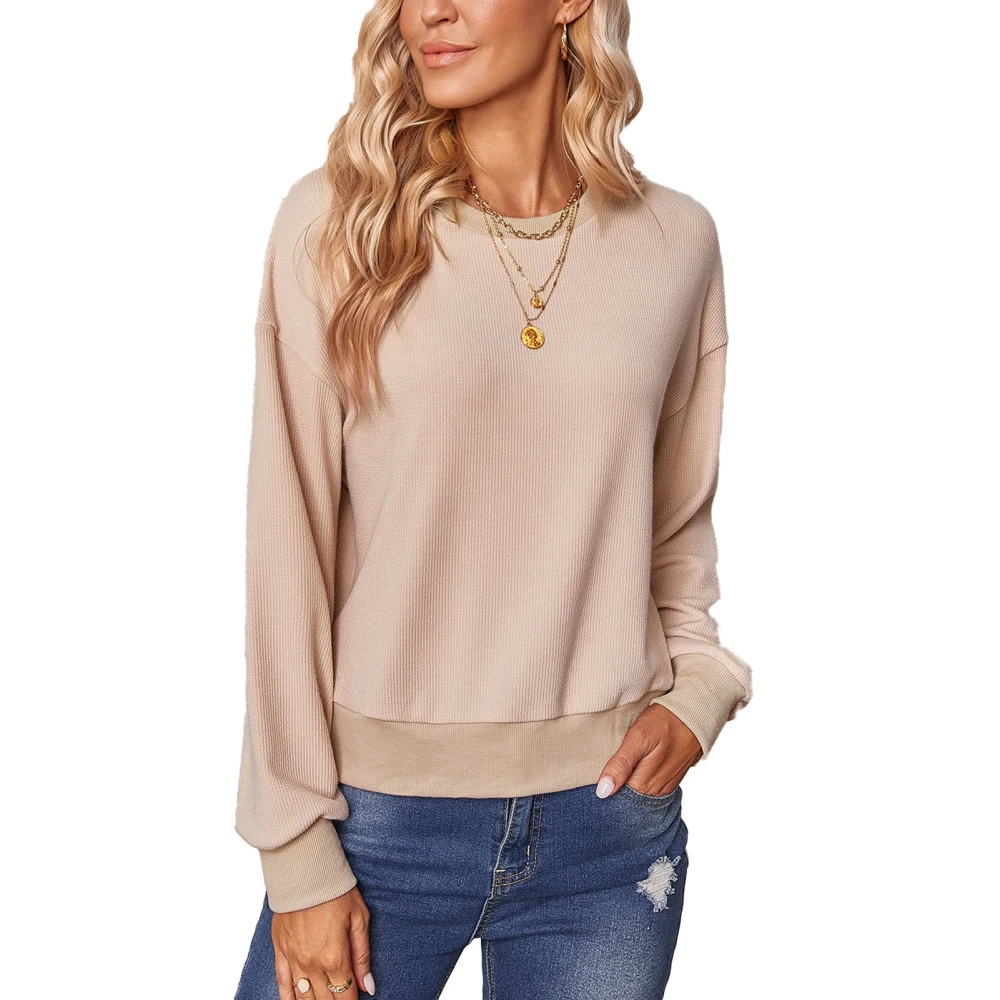 Women Top Long Sleeve Blouse Round Neck Shirt Pure Colour Machine Wash for Home Office Apricot S