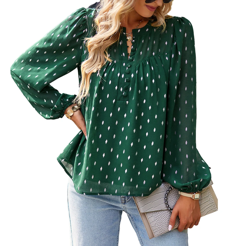 Blouse Long Lantern Sleeve Button Round Neck Pullover Casual Fashionable Tops for Women Atrovirens L