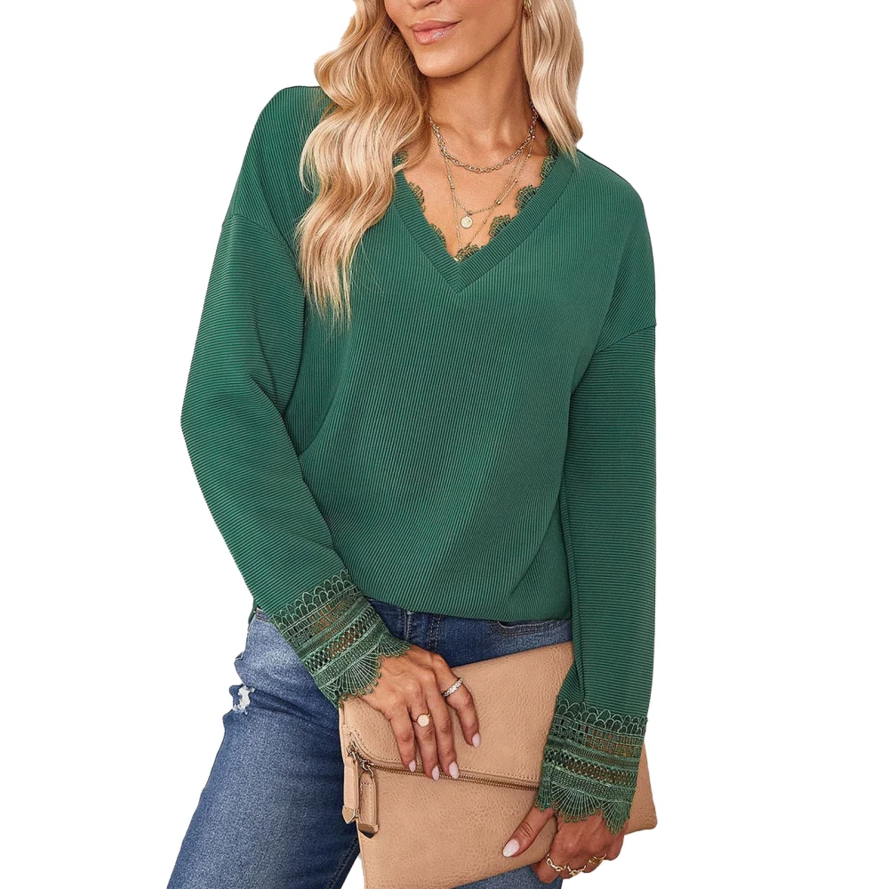 Women V Neck Shirts Lace Patchwork Drop Shoulder Sleeves T Shirt Pure Color Long Sleeves Pullover Celadon L