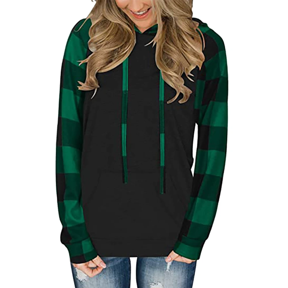 Women Sweatshirt Color Block Plaid Breathable Long Sleeve Hoodies Pullover for Home Work Green L