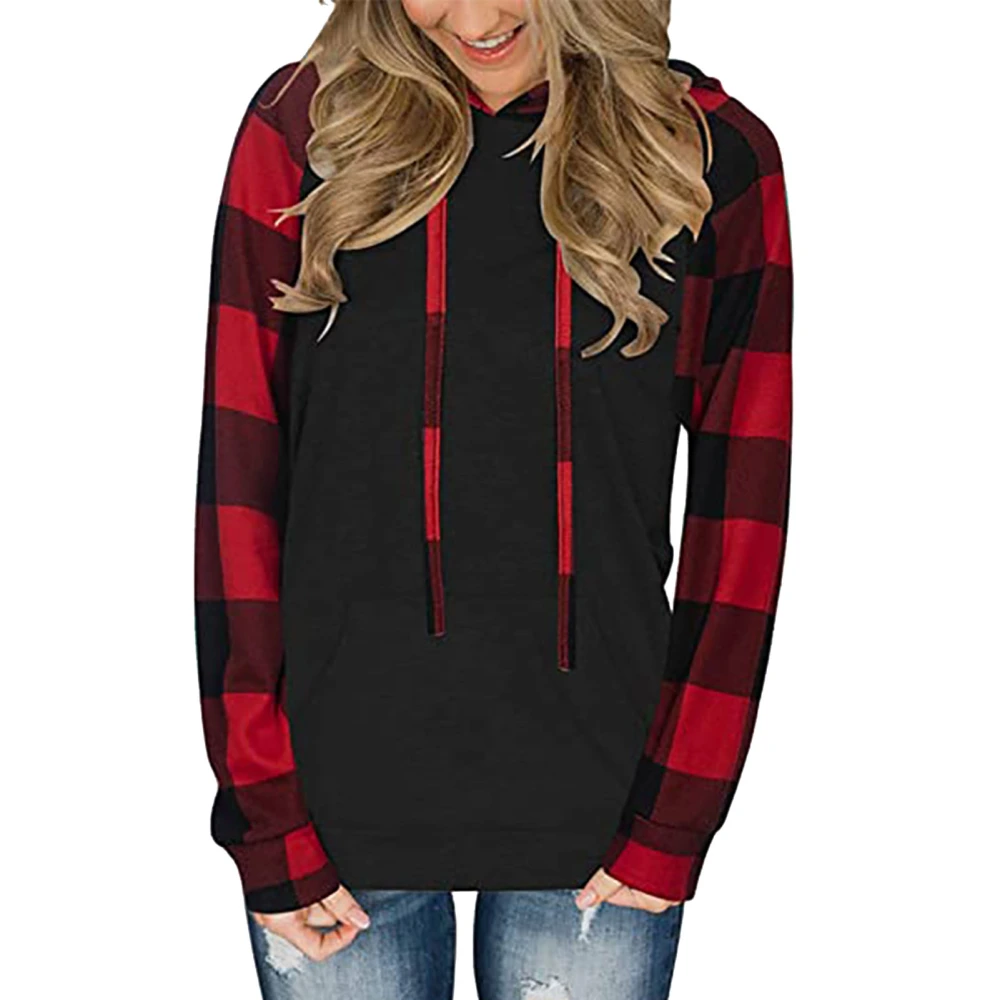 Women Sweatshirt Color Block Plaid Breathable Long Sleeve Hoodies Pullover for Home Work Red M