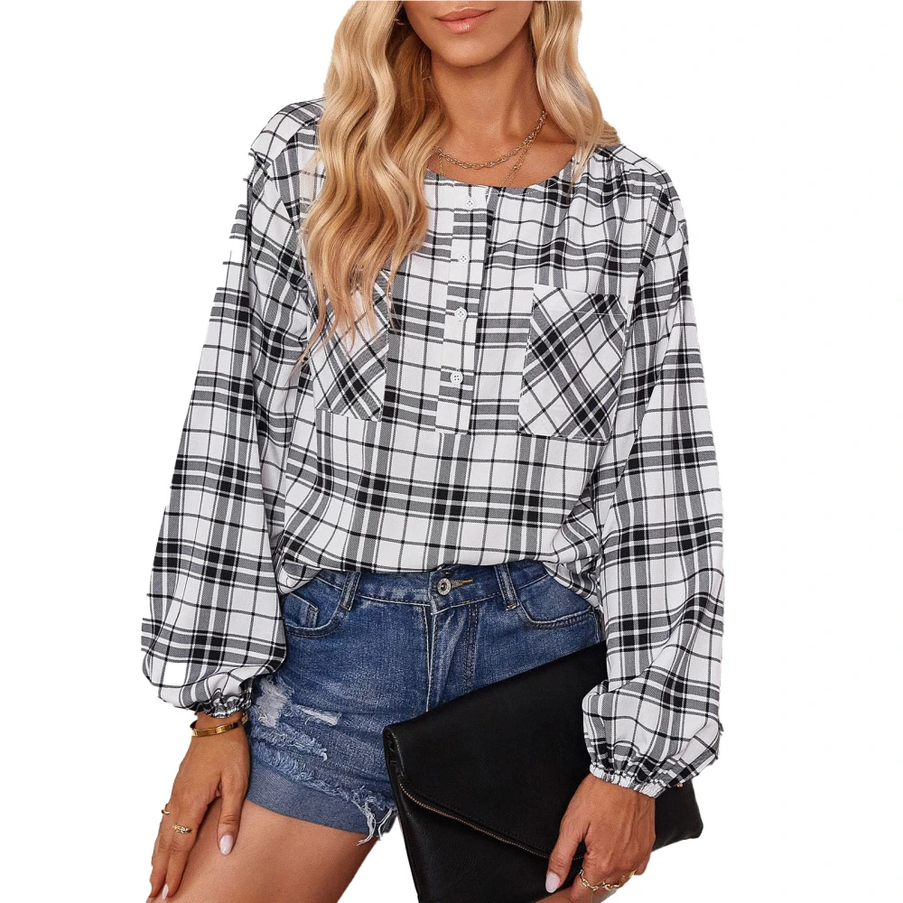 Women Long Sleeve Plaid Shirt Stylish Round Neck Chest Pocketed Blouse Tops for Daily Wear White S