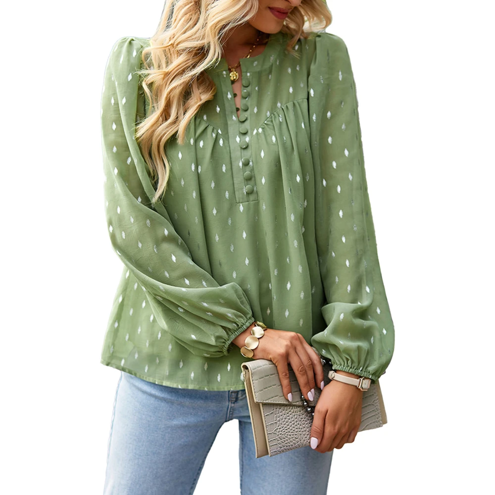 Blouse Long Lantern Sleeve Button Round Neck Pullover Casual Fashionable Tops for Women Green M