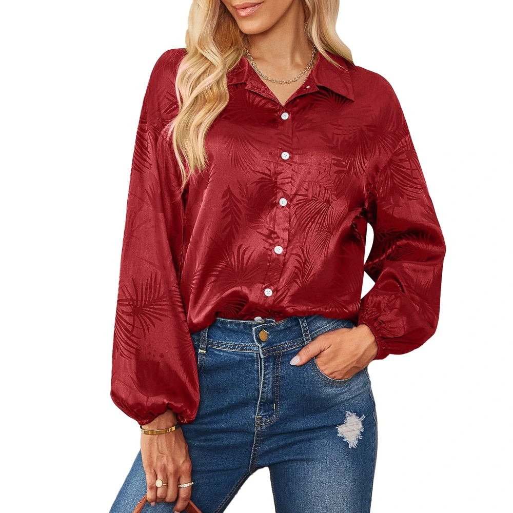 Women Long Sleeve Button Down Collar Silky Shirt Casual Loose Office Work Tunic Tops Blouses Red L