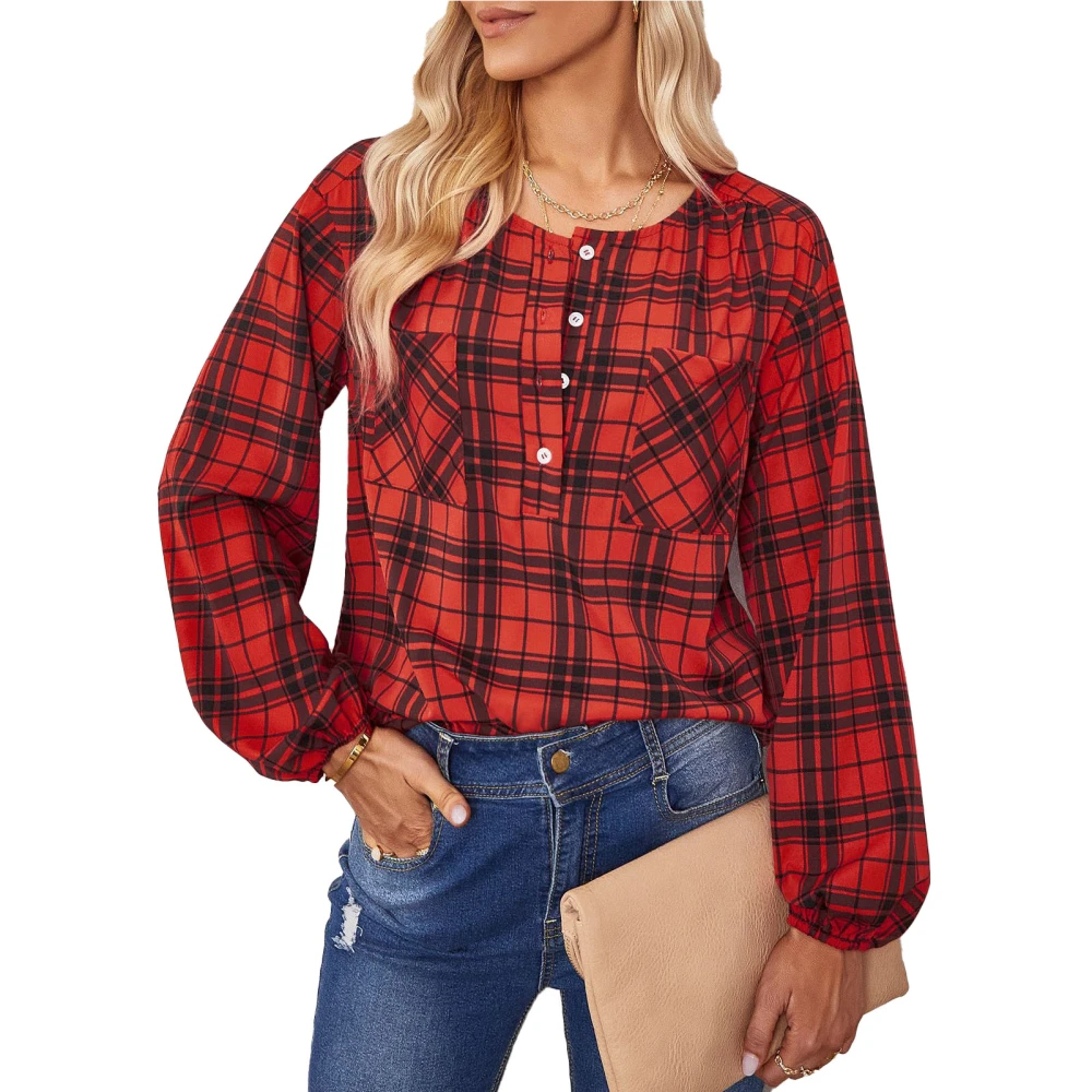 Women Long Sleeve Plaid Shirt Stylish Round Neck Chest Pocketed Blouse Tops for Daily Wear Red XL