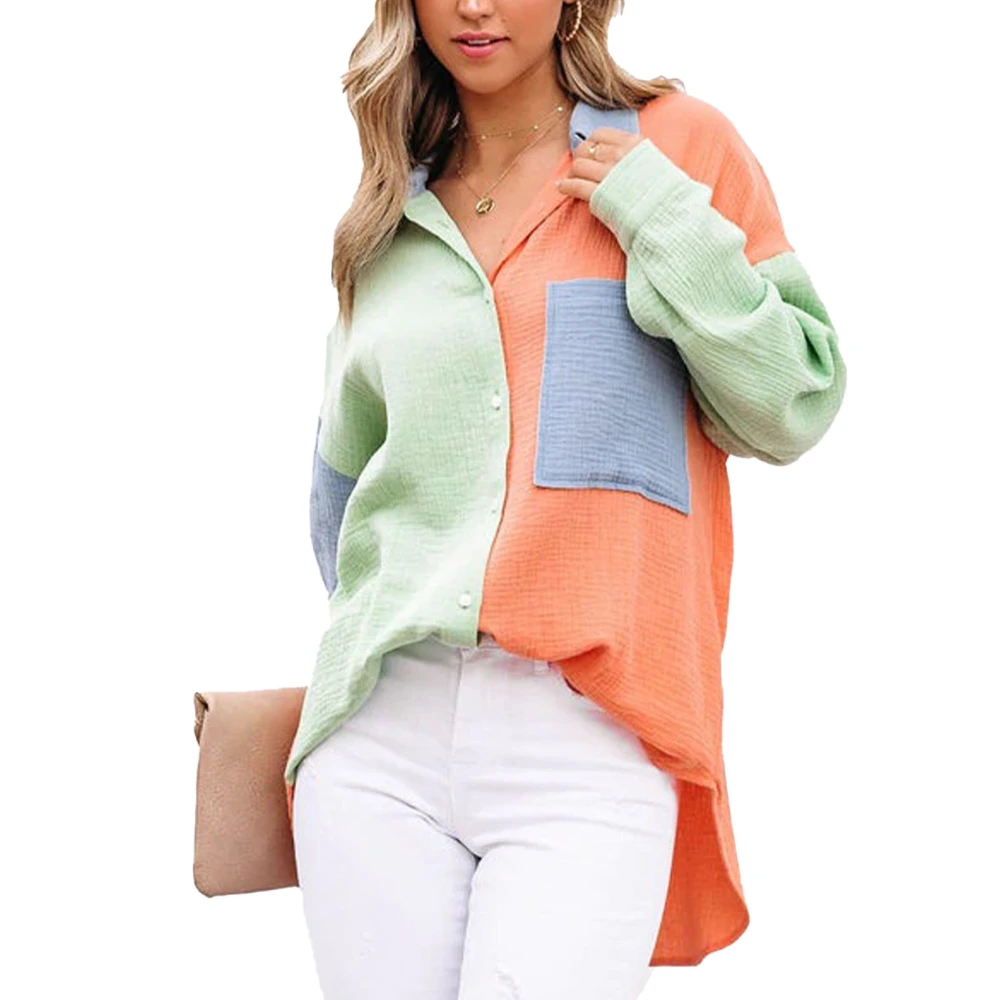 Color Matching Woman Blouse Fashionable Dropped Shoulder Lightweight Shirt for Work Party Orange Green L