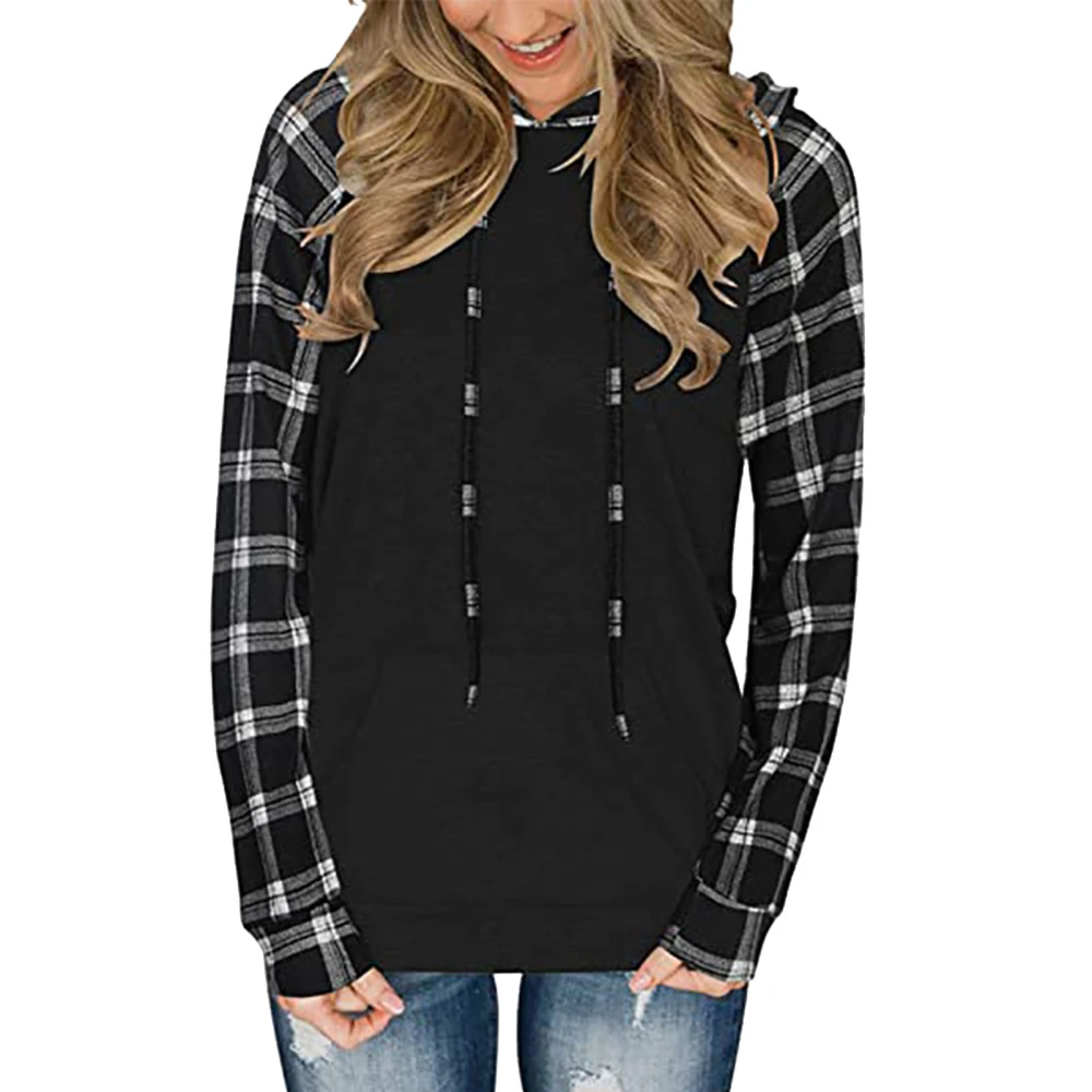 Women Sweatshirt Color Block Plaid Breathable Long Sleeve Hoodies Pullover for Home Work White S