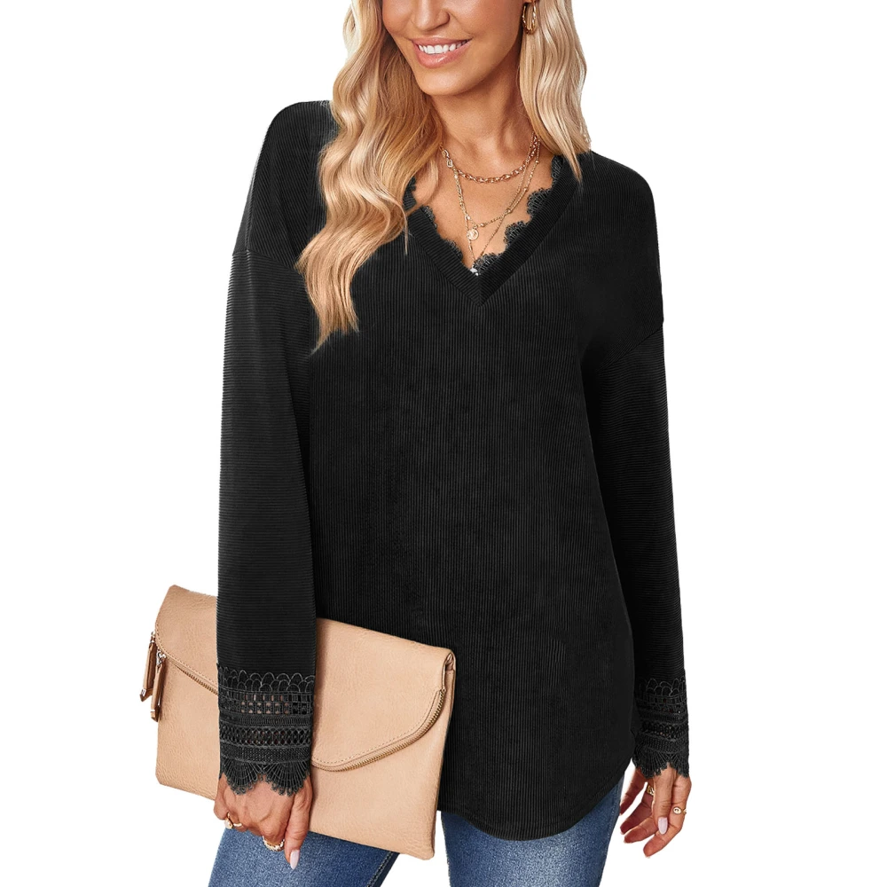 Women V Neck Shirts Lace Patchwork Drop Shoulder Sleeves T Shirt Pure Color Long Sleeves Pullover Black M