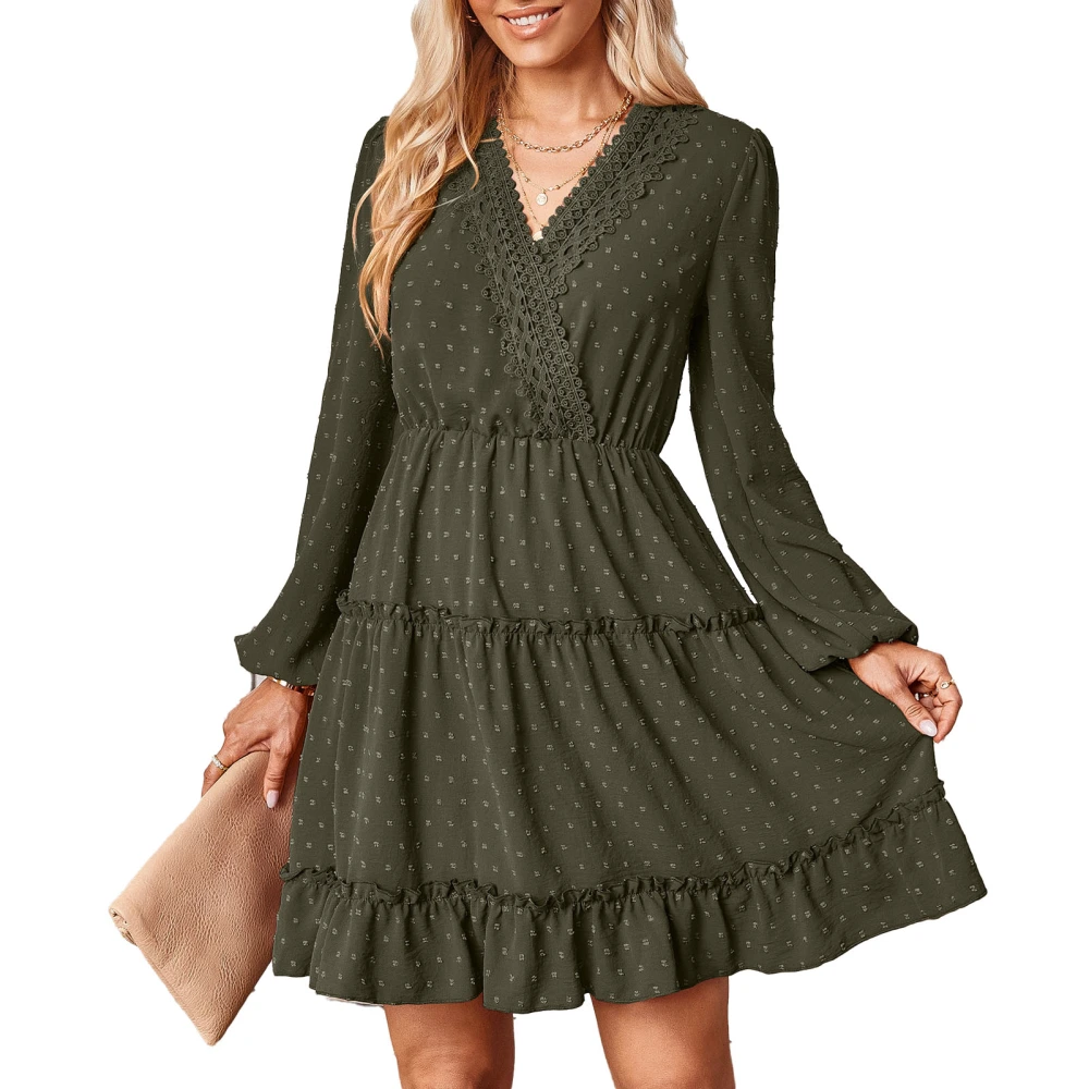 Women Flowy Midi Dress Long Lantern Sleeves Dot Fabric V Neck Lace Stitching Tiered Hem Swing Dress for Autumn Winter OD Green XL