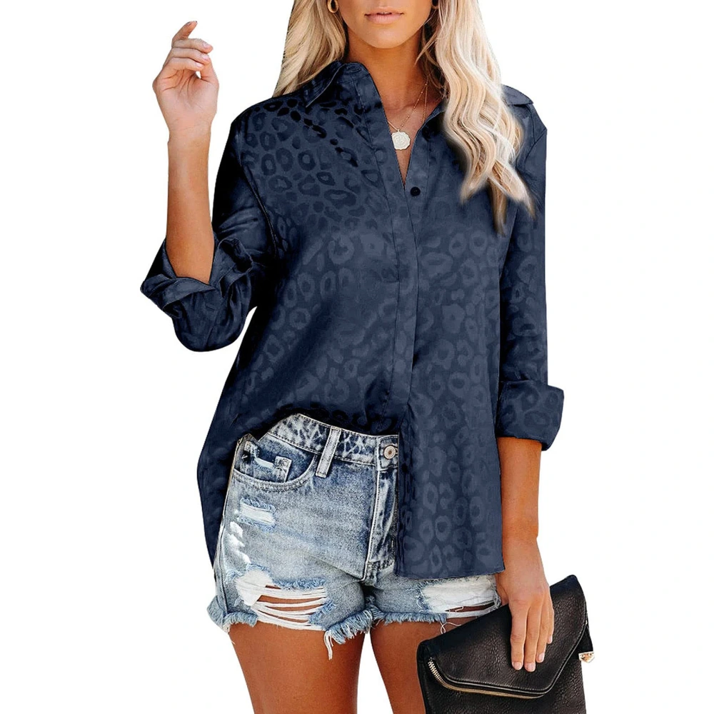 Women V Neck Satin Jacquard Blouse Loose Casual Turn Down Collar Button Closure Long Sleeve Tops Shirt Navy Blue L