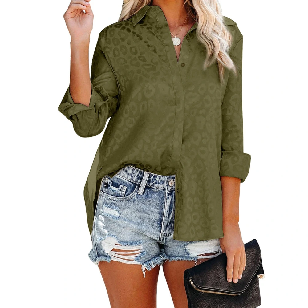 Women V Neck Satin Jacquard Blouse Loose Casual Turn Down Collar Button Closure Long Sleeve Tops Shirt Green S