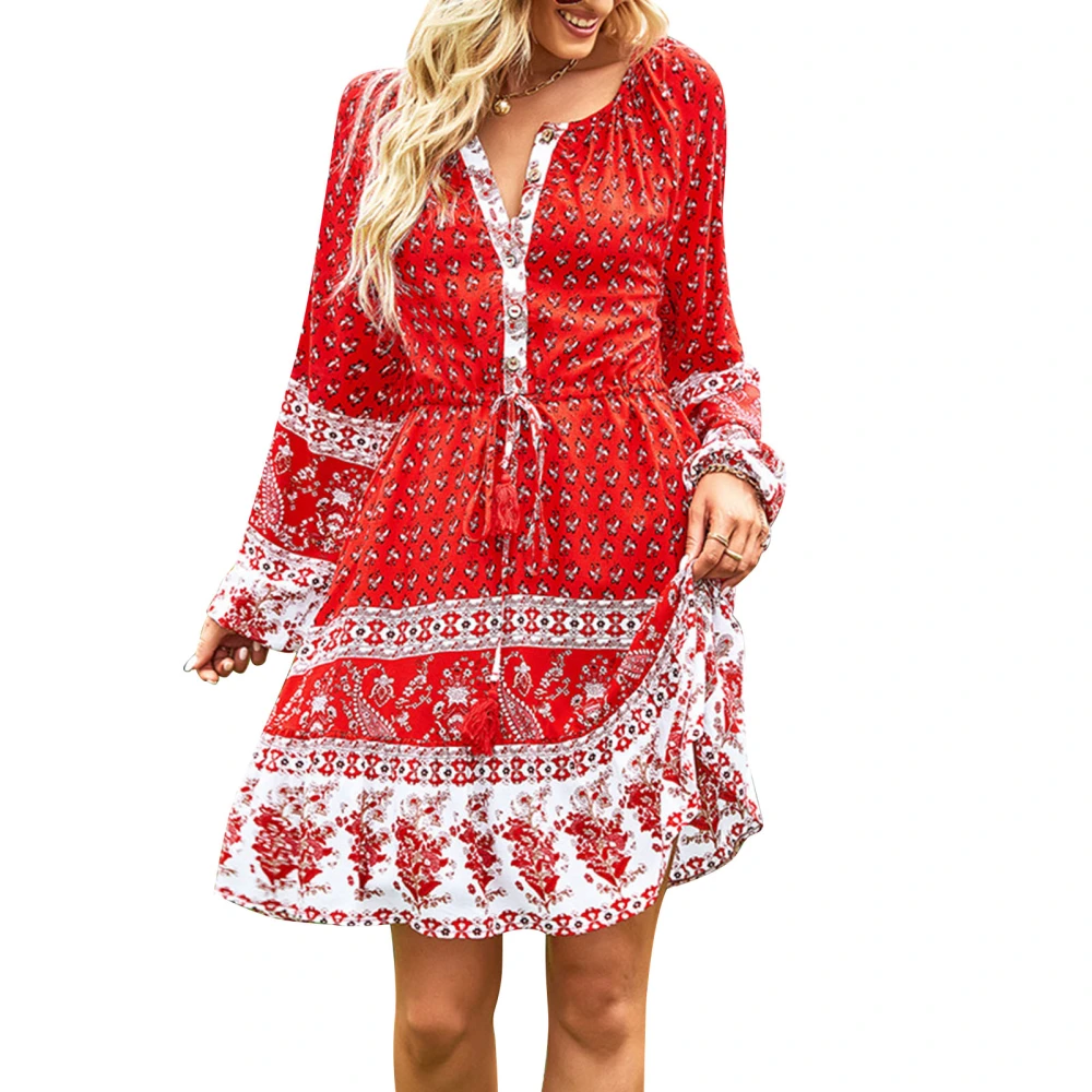 Elastic Design Casual A Line Midi Length Women Dress for 4 Seasons Vocation Holiday Home Beach Red M