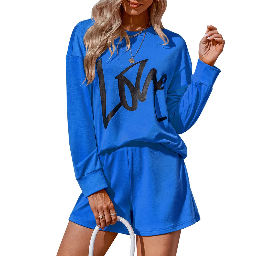 Women Long Sleeve Tops Shorts 2 Piece Set Round Neck Letter Print Casual Tracksuit Outfits Loungewear Sweatsuit Sets Dark Blue L