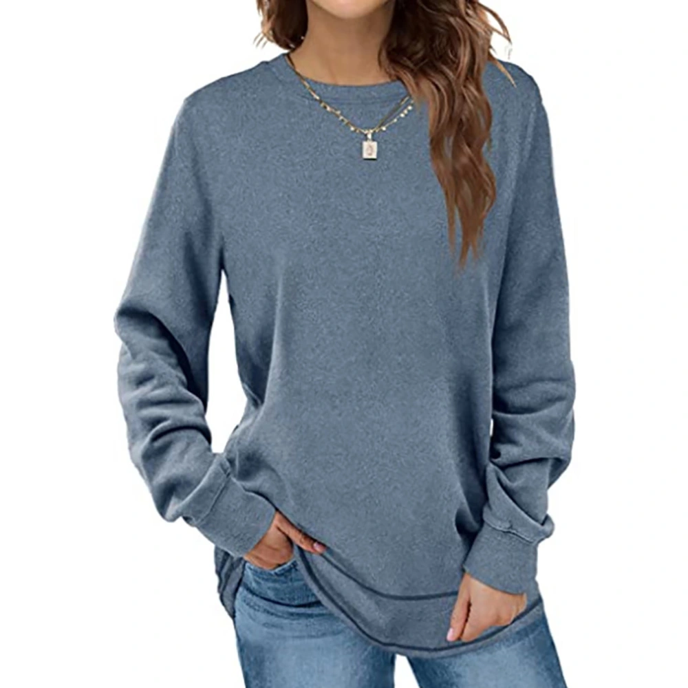 Women Round Neck Shirts Curved Hem Shirts Casual Pure Color Shirts Long Sleeves Pullover Blue XL