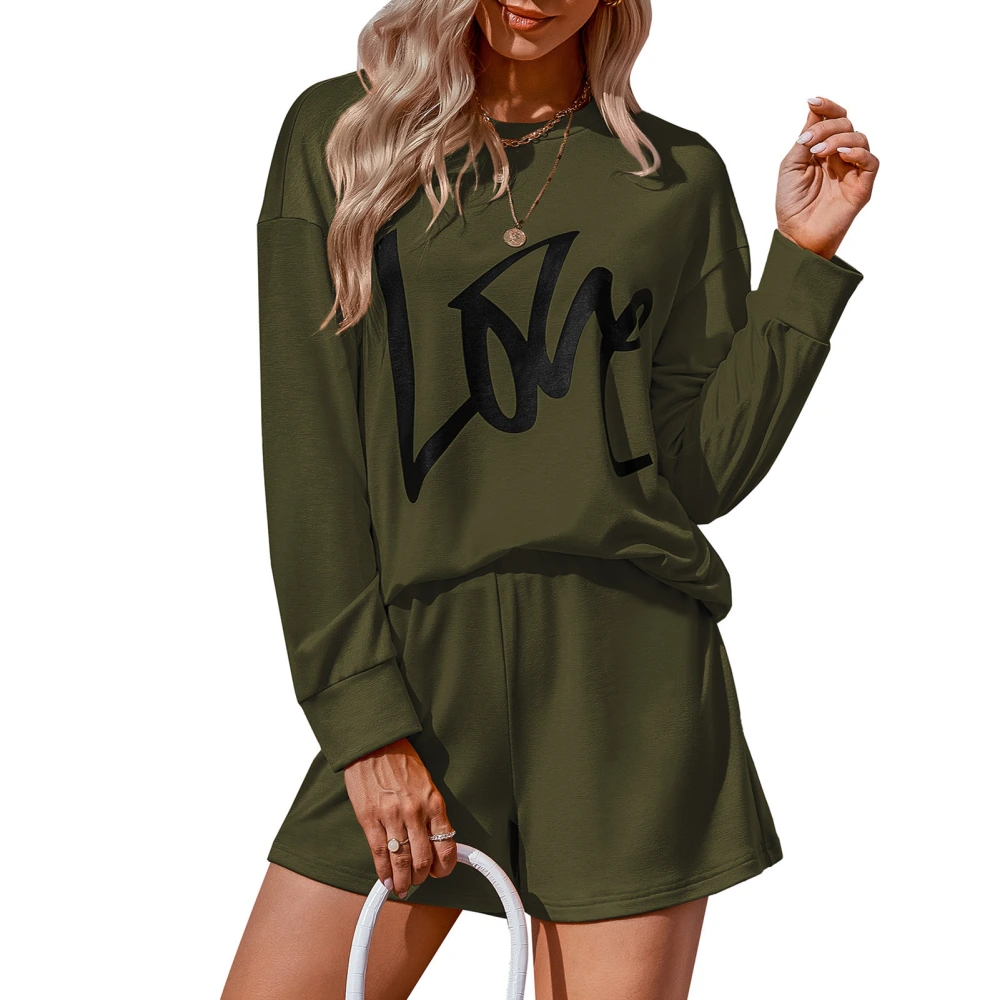 Women Long Sleeve Tops Shorts 2 Piece Set Round Neck Letter Print Casual Tracksuit Outfits Loungewear Sweatsuit Sets Dark Green XL