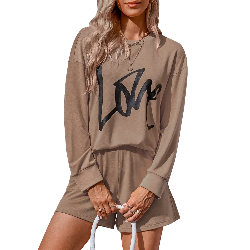 Women Long Sleeve Tops Shorts 2 Piece Set Round Neck Letter Print Casual Tracksuit Outfits Loungewear Sweatsuit Sets Khaki XL