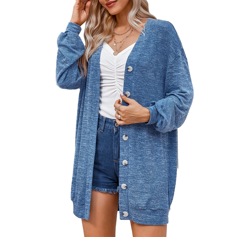 Women Cardigan Sweater Drop Shoulder Button Down V Neck Casual Knitwear Coat for Daily Wear Blue S