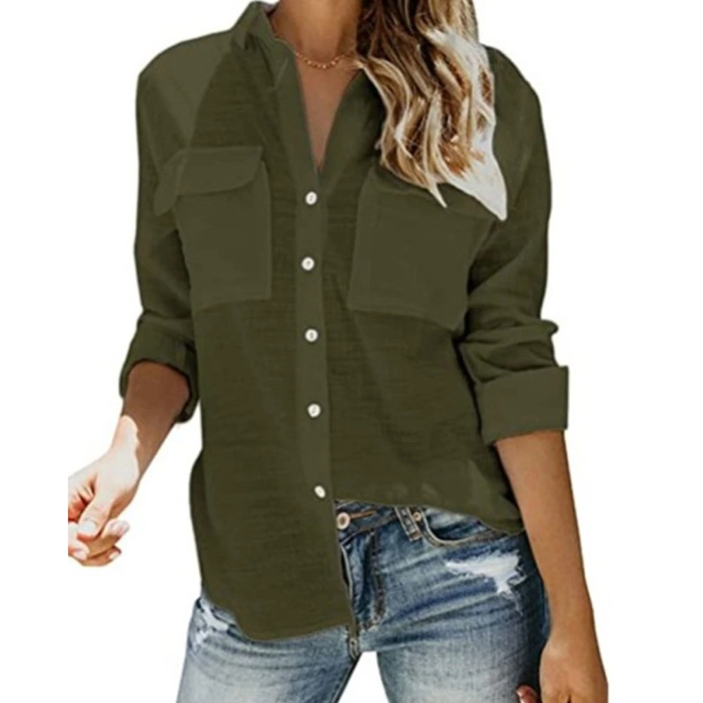 Women Long Sleeve Blouse Pure Color Button Closure Turn Down Collar V Neck Shirt Tops with Pockets Green M